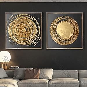 Posters Gouden Cirkel Textuur Abstract Canvas Schilderij en Prints Wall Art Decoratie voor Woonkamer en Slaapkamer 70x70cm (28x28in) x2Pcs Unframed