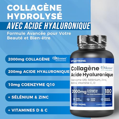 COLLAGENE et ACIDE HYALURONIQUE Vitastrong - 2000mg Collagène COLLinstant avec Biotine, Coenzyme Q10, Zinc, Sélénium, Vitamine C, Vitamine D - Formule Efficace - Qualité Premium – Image 3