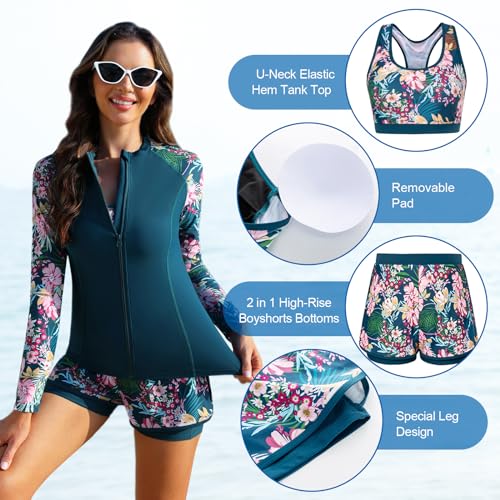 Jasambac Women'S Upf 50+ Rash Guard Long Sleeve 3 Piece Zip Up Swimsuit Uv/Sun Protection Swim Shirts Built In Bra Floral Athletic Swim Wear Pink Flower L thumb #2