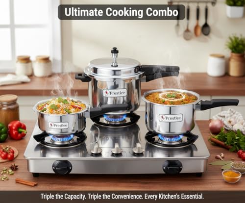 Image of Prestlee Aluminium 2, 3, 5 Litres Pressure Cooker | Outer Lid | Faster & Healthy Cooking | Gas Stove Compatible | ISI Certified | 5 Years Manufacturer's Warranty | Silver