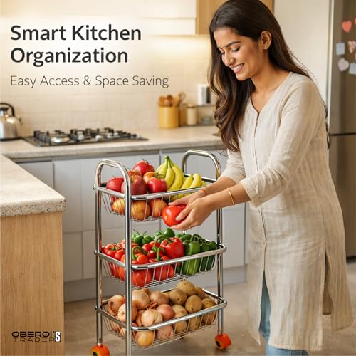 Image of OBEROI'S TRADERS Stainless Steel Vegetable & Fruit Storage Rack with Wheels, Kitchen Storage Basket Organizer, Rust Proof Stand for Onion, Potato, Fruits & Vegetables Trolley (3 Rack)