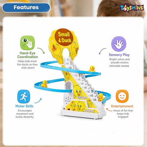Image of Toyshine Funny Automatic Stair Climbing Ducklings Cartoon Race Track Set | Little Lovely Duck Slide Escalator Toy with Lights and Music Cute Cartoon Ladder with 3 Ducks