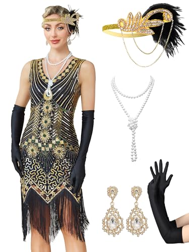 MTITE Flapper Dresses 1920s, Great Gatsby Dresses Roaring 20s for women, Fringed Sequin Costume with Accessories Set (BLACK GOLD, L)
