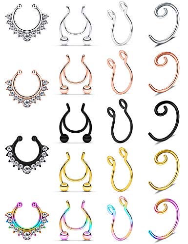 SCERRING Fake Septum Nose Hoop Rings Clear CZ Faux Non Pierced Clicker Hanger Nose Septum Ring Clip On Body Piercing Jewelry 19PCS Mix Color 1#