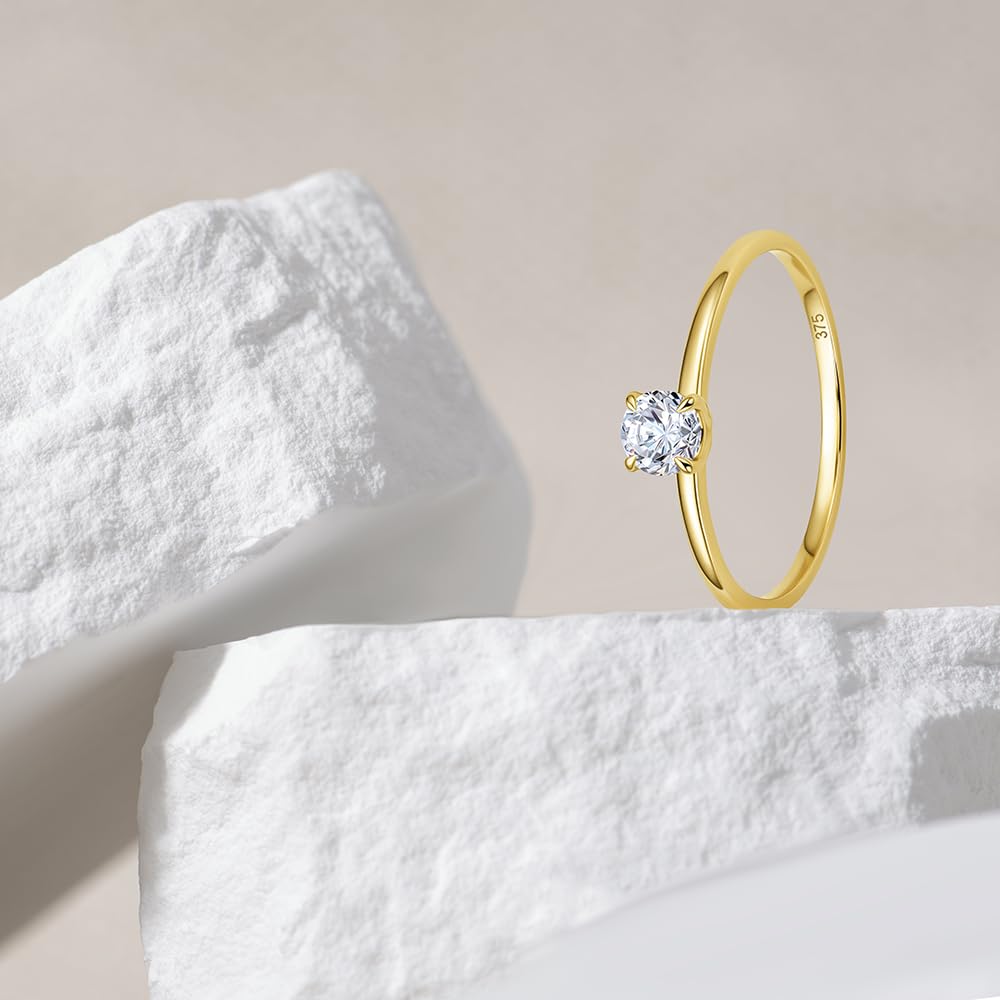 OROVI Joyería para mujer, anillos de compromiso de oro amarillo 375 de 9 quilates y oro blanco con circonita cúbica solitaria, apilables, hechos a mano, hipoalergénicos, se entregan en caja de joyería