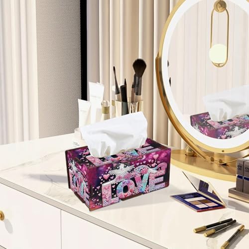 Image of Diamond Painting Tissue Box Cover - Love Letter & Cat Design Wooden DIY Rhinestone Diamond Art Kit, Cute Handmade Craft Tissue Holder for Desktop Home Office Decor