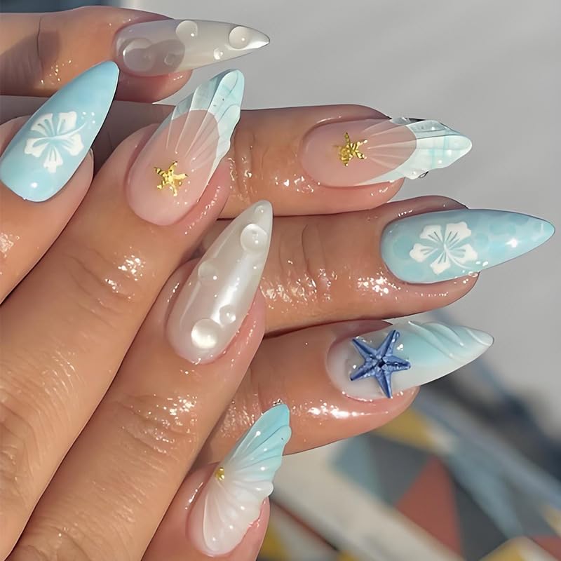 ocean press on nails medium almond, pink gradient fake nails with 3d shell & starfish, damage free jelly glue nails kit for women summer beach vacation