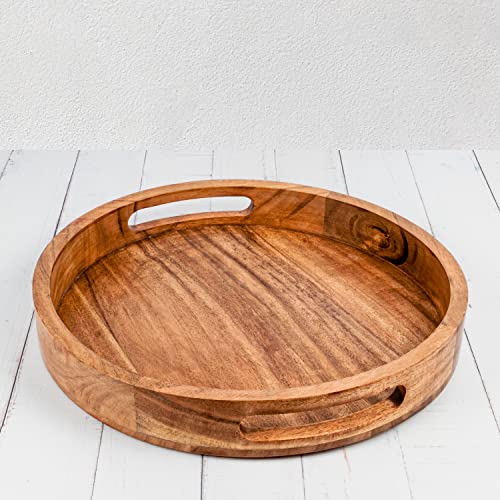 Samhita Round Serving Acacia Wooden Tray With Handles For Serving Beverages & Food On Bar Living Room Home Dining Table (12" X 12" X 1.6") #TOP2