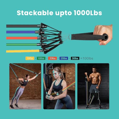 Image of Roughhouse Resistance Bands Set for Home Gym - 5 Levels Stackable Workout Tubes with Foam Handles, Door Anchor, Ankle Straps & Guide - Full Body Strength Training, Stretching & Travel Fitness Kit