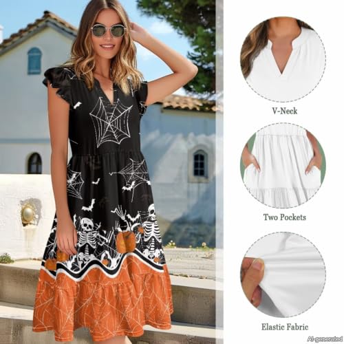 Image of Womens Summer Dress Ruffle Sleeve V Neck Dress Casual Fit Flowy Beach Vacation Sundress with Pocket S-2XL