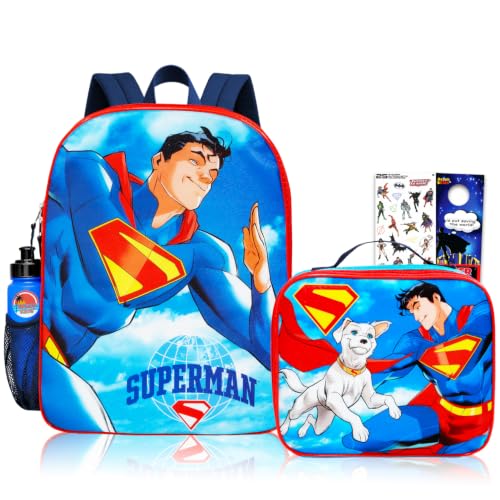 Mochila Superman com conjunto de lancheira – Pacote com bolsa escolar de super-herói de 40,6 cm, lancheira, garrafa de água, adesivos, mais | Mochila Superman para meninos, crianças