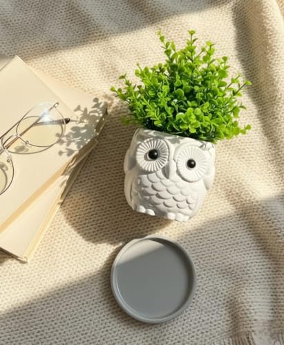 Image of Modern Owl Ceramic Flower Pot with Artificial Greenery | Tabletop Decorative Planter for Home Decor, Office Desk, Bookshelf & Coffee Table