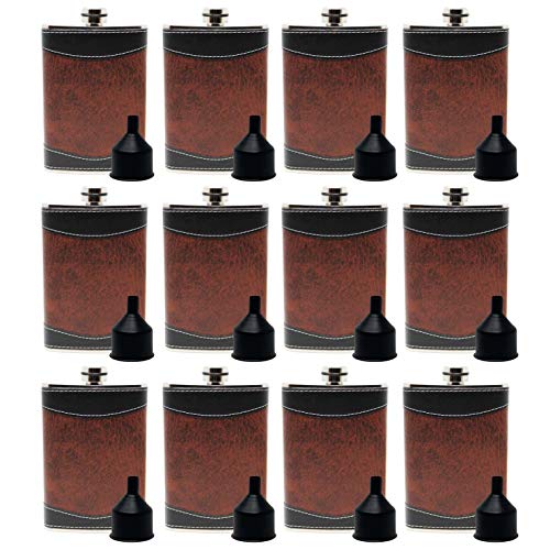 Mens 8oz Stainless Steel Hip Flasks for Liquor, Brown and Black, Pack of 12