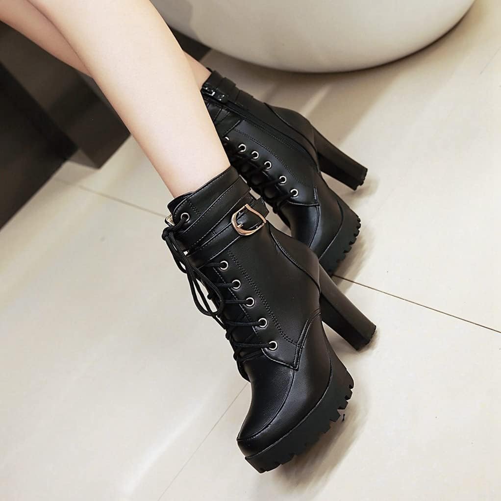MIOKE Women's Round Toe Platform Dressy Ankle Boots Lace Up Zipper Chunky Block High Heel Dress Short Bootie