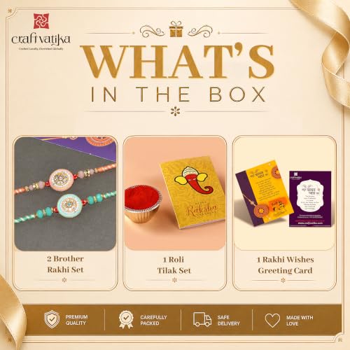 Image of CraftVatika Kundan Rakhi Set for Brother Set of 2, Designer Peacock Rakhi for Brother Boy Men, Premium Kalash Raki for Bhaiya, Traditional Rakshabandhan Rakhis with Best Wishes Card and Tillak Set