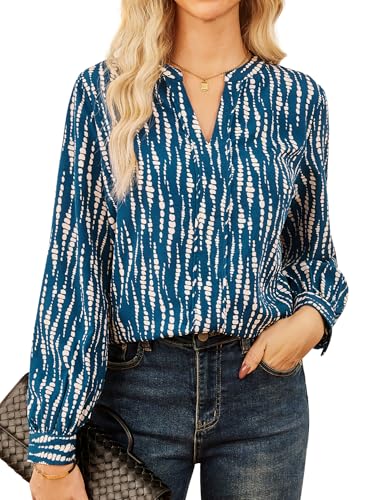 Long Sleeve Blouses for Women Print Chiffon Tops V Neck Loose Business Shirts Casual Work Tunic Blue M