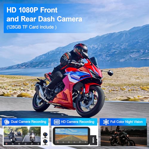 Image of 6.2 inch Motorcycle Carplay (Includes 128G SD) with Dual Dash Cam, Android Auto, IP67 Waterproof Motorbike Touchscreen, Camera Frond and Rear, GPS Navigation, Support Siri, Google Assistant