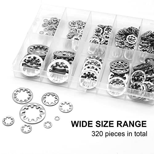 Qteatak 320Pcs Lock Washers 304 Stainless Steel Internal Star Washer, 8 Sizes Tooth Washer Wave Spring Washer Assortment Kit M2.5 M3 M4 M5 M6 M8 M10 M12, Silver #TOP3