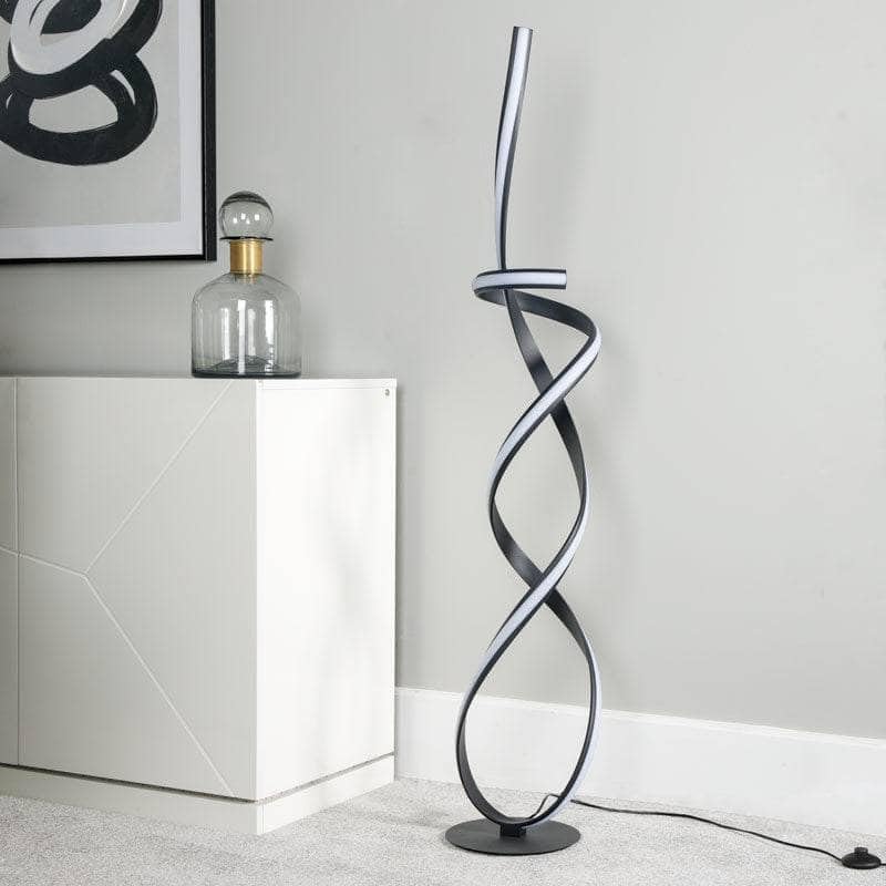 Image of Modern Floor Lamp with Twisting Spiral Design, Black Body, 3-Color LED Light (Warm, Neutral, Cool), Elegant Standing Lamp for Living Room, Bedroom, & Office