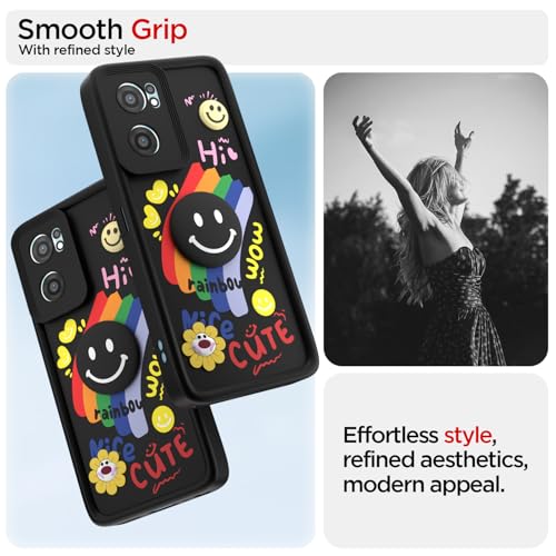 Image of Pikkme Back Cover for OnePlus Nord Ce 2 5G | Soft Silicone| Cute Rainbow Smile & 3D Cartoon Flower Design | Shockproof Raised Camera Protection Bumper Case (Black)