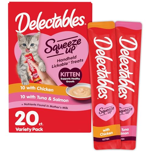 Delectables Squeeze Up Kitten Variety Pack, Creamy Squeezable Puree, Lickable Wet Cat Treats, Grain Free, No Added Fillers, No by-Products, No Added Preservatives, 0.5 Ounces Tube, 20 Tubes Total