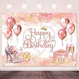 LDWLYW Rose Gold Happy Birthday Backdrop Banner Pink Rose Gold Birthday Decorations for Women Girls Large Balloons High Heels Champagne Theme Photo Background Poster Party Decor 7x5ft