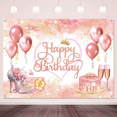 LDWLYW Rose Gold Happy Birthday Backdrop Banner Pink Rose Gold Birthday Decorations for Women Girls Large Balloons High Heels Champagne Theme Photo Background Poster Party Decor 7x5ft