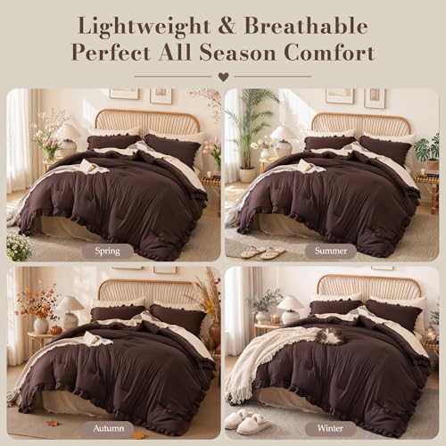 Image of JANZAA Brown Comforter Set Full - Soft Microfiber, Lightweight All Season Bedding, Ruffle Shabby Chic Aesthetic, Breathable Cozy Bed Set with 2 Pillow Shams, Machine Washable