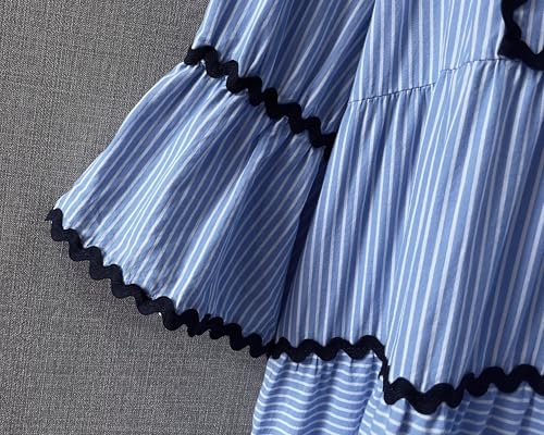 utcoco Women's Summer Beach Vacation Boho Striped RIC Rac Dress Flutter 3/4 Sleeve Tiered A Line Flowy Long Dress4