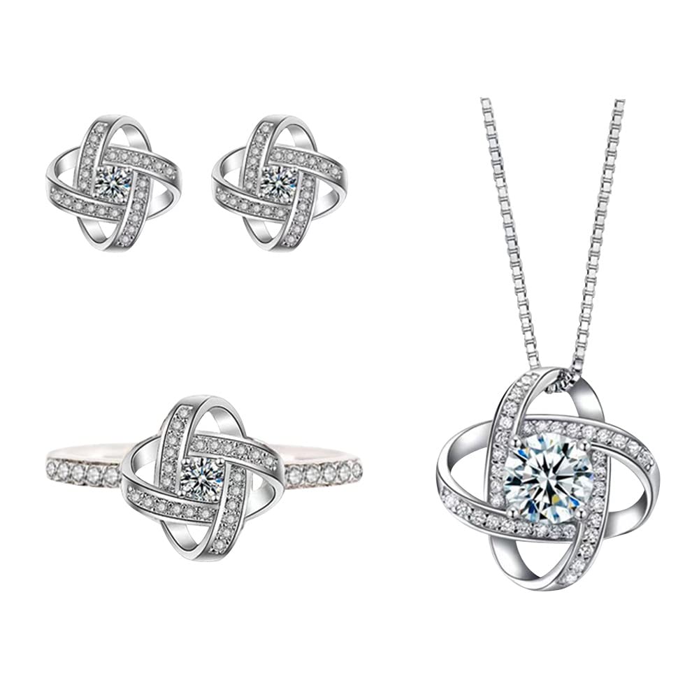 QKEPCY Conjunto de Joyería Anillo de diamantes Colgante y Pendientes Mujer, Plata de Ley Elemento de trébol de cuatro hojas con Circonitas Cristal Grado AAA+ para Esposa Novia nupcial Joyería