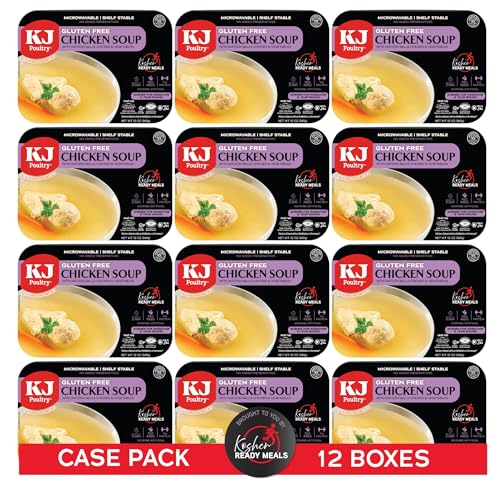 KJ Poultry Kosher for Passover Gluten Free Meals, Chicken Soup with Non Gebrokts Matza Balls, Halal, (12 Pack) Prepared Entree Fully Cooked, Shelf Stable Microwave Dinner, Travel, Military, Camping