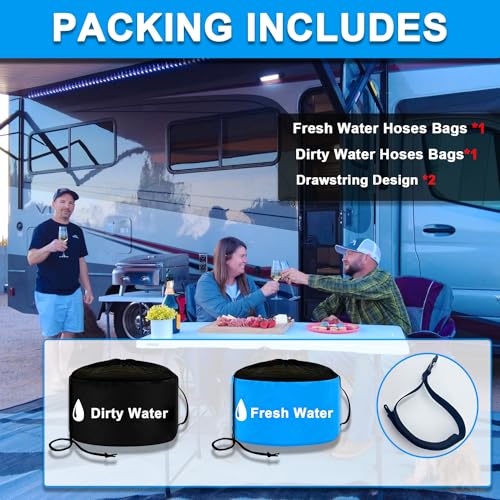 Image of 2-Pack RV Tools Accessories Bag for Fresh /Black Water Sewer Hoses and Electrical Cords, Waterproof RV Hose Storage Bags with Drawstring Mesh Top, RV Utility bag, Sewer Hose Bag, Blue and Black