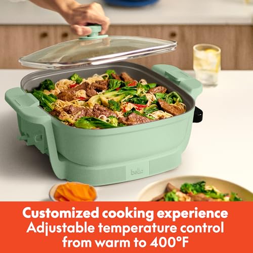 Image of bella Make & Take Electric Skillet, Fits-anywhere kitchenware, EverGood Ceramic Coating, Adjustable Temperature & Dishwasher-Safe Tempered Glass Lid, Cast Aluminum Base, 1200 Watt, Seaglass