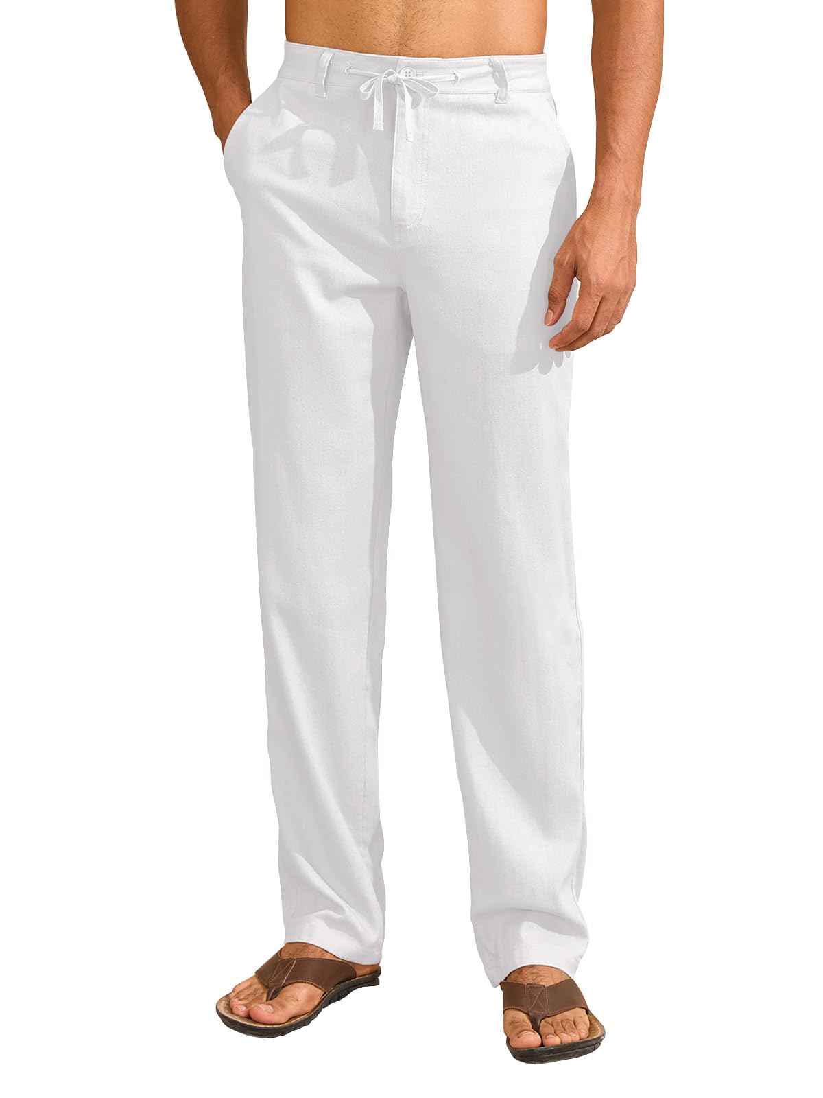 Uusollecy Linen Pants for Men Lightweight Summer Beach Pants Mens Casual Drawstring Waist Linen Trousers 30 32
