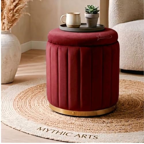 Image of Superior Round Storage Ottoman Stool 16 X 16X 19 inch, with Gold Metal Base | Elegant Pouffe with Secret Storage | Cushioned Footrest for Living Room, Bedroom, and Lounge Maroon