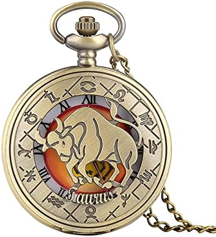 Vintage Pocket Watch,Men Gifts, Retro Zodiac Pattern Pocket Watch Necklace Chain Copper Twelve Constellation Pendant Clock-Leo (Color : Taurus)