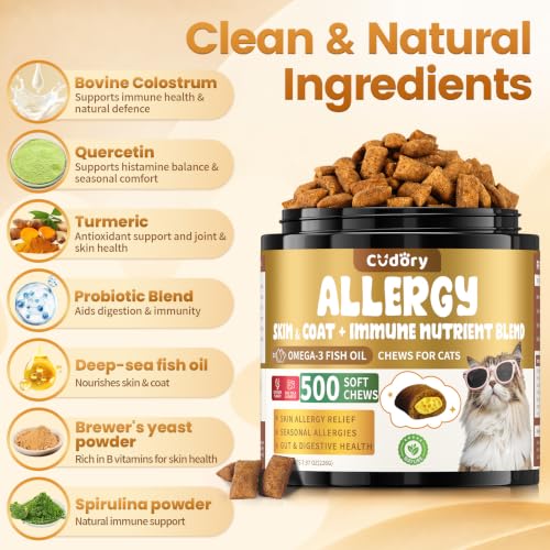 Image of Cat Allergy Relief Chews for Cats with Probiotics, 500 Crunchy Treats | Cat Itchy Skin Relief with Omega-3 Fish Oil, Chicken Flavor, Supports Immune Skin & Coat Health, Licking, Seasonal Allergies