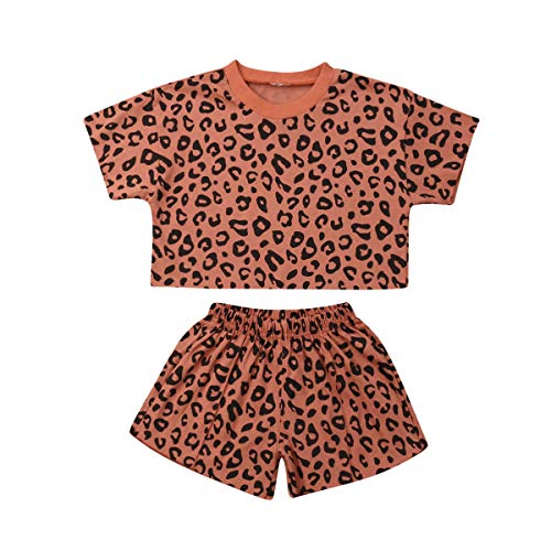 Toddler Baby Girl Summer Outfits Leopard Print Short-Sleeved Tee Crop Top with Shorts 2 Pieces Clothes Set (Brown, 6-12 Months)