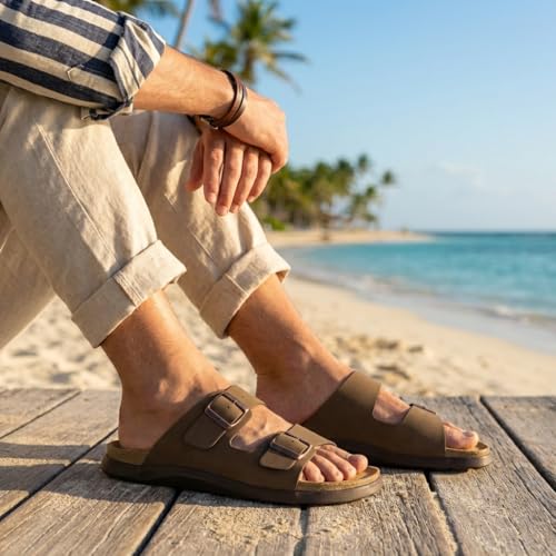 Image of CUSHIONAIRE Mars Double Buckle Slide Sandals for Men with Arch Support, Cork Footbed and EVA Outsole