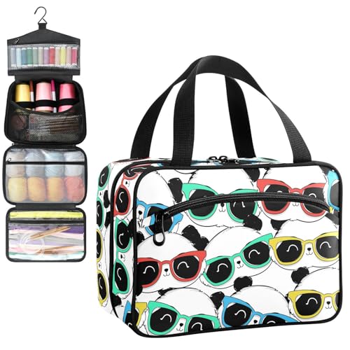 YNNALE Sewing Supply Organizer Bag, Cartoon Panda with Colorful Glasses Portable Sewing Bags with Pockets&Hanger, Sewing Storage Box Case for Sew Supplies/Kit/Tools/Accessories (BAG ONLY)