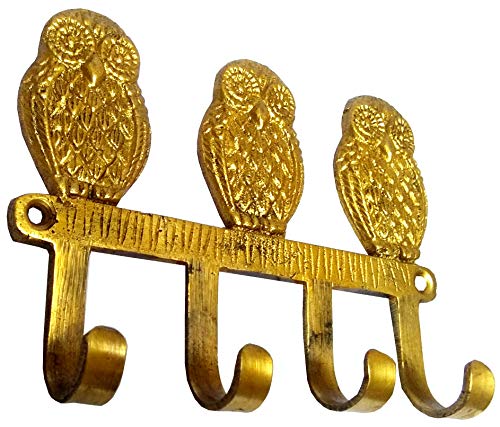 Purpledip Brass Wall Hooks 'Three Wise Owls': Vintage Design Decorative Hanger (11817), Golden, Medium - Image 3