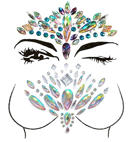 Face Gems, Ynredee 2 Set Women Mermaid Rave Festival Glitter, Rhinestone Temporary Tattoo Face Jewels Crystals Face Stickers Eyebrow Face Body Jewelry (Breast and Face 2)