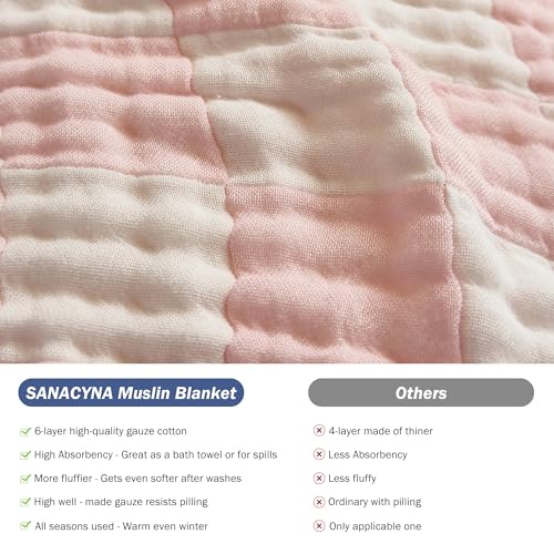 Image of SANACYNA 100% Cotton Muslin Throw Blanket 6-Layer Gauze Pink Checkered Bed Blanket Lightweight Soft Breathable Cooling Blanket for Sofa Couch Both Sides (Pink Checkerboard, Throw 50 inchx60 inch)