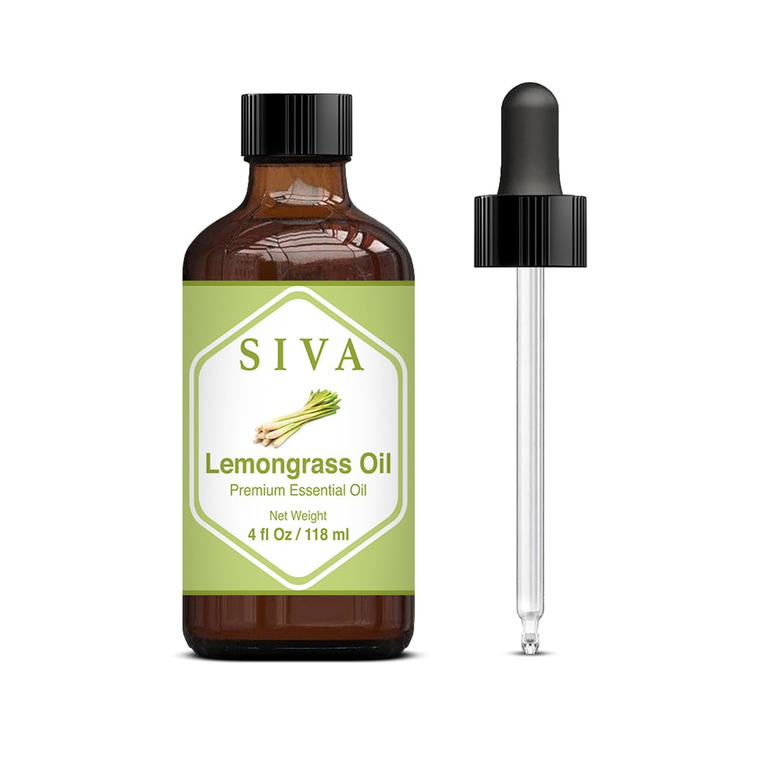 Siva Lemongrass Essential Oil - 4 Fl Oz – 100% Natural Lemongrass Oil - for Diffuser, Face, Skin Care, Aromatherapy, Hair Care, Scalp and Body Massage - with Dropper
