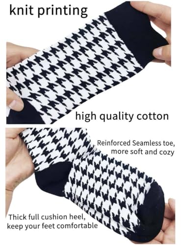 2 Pairs Women Soft Cozy Organic Cotton Houndstooth Socks Calf Crew Plaid Pattern Graphic Casual Spring Fall Winter Outdoor Office Work Christmas Holiday Gifts Black White3