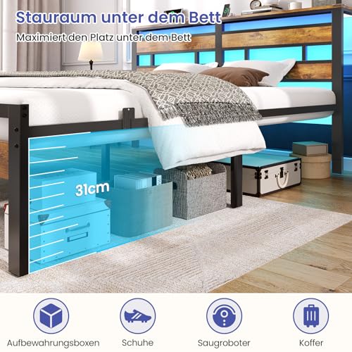 Bett 160x200 mit Lattenrost aus Metall, Doppelbett Bettgestell 160x200cm mit LED Beleuchtung und Ladestation (2 AC-Steckdosen, 1 USB-Anschluss und 1 Type-C-Anschluss) Metallbett mit Kopfteil – Bild 7