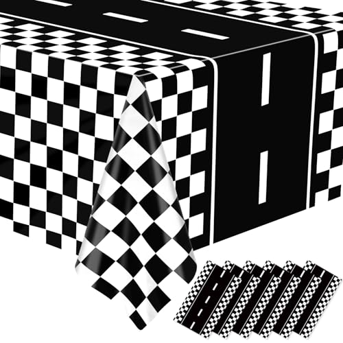 Image of WNINK 6 Pack Race Car Table Cloth Black and White Gingham Tablecloths Disposable Plastic Buffalo Check Tablecloth Checkered Flag Covers for Birthday, Outdoor Picnic, Birthday, Camping 54 x 108 Inch