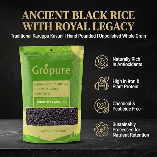 Image of GroPure Organic Black Rice 450g | Karuppu Kavuni Rice | Forbidden Rice | Ancient Black Rice | Karupu Gowni Rice | Hand Pounded Unpolished Rice | Chemical & Pesticide Free | Rich in Antioxidants, Protein & Iron