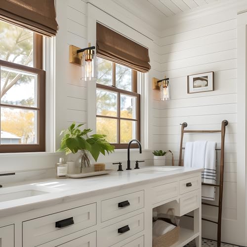 Image of Black Gold Wall Sconce, Modern Brass Sconce Wall Lighting with Clear Glass Shade for Bathroom, Hallway, Kitchen, and Bedroom