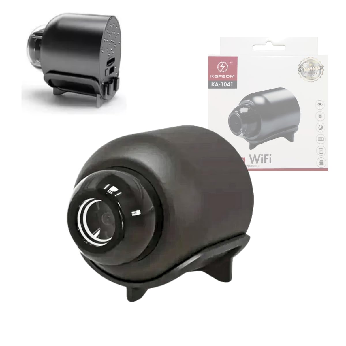 Mini HD Wi-Fi camera connected to a smartphone app for remote viewing, highlighting Wi-Fi hotspot support.
